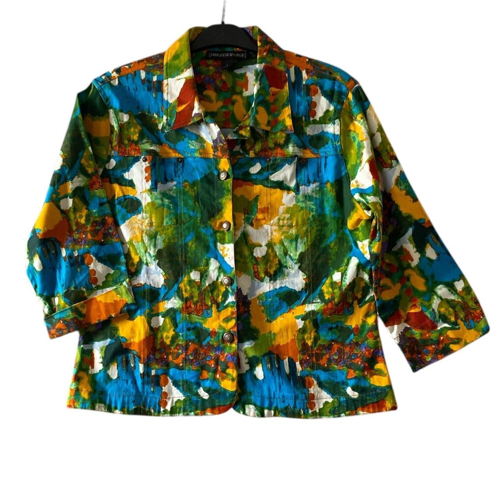 Vintage 90s Mirror Image Abstracts Printed Canvas Womens Jacket Stretch‎ Size L